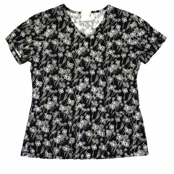 Peaches Uniforms Tops - Peaches Black & White Floral V neck Scrub Top